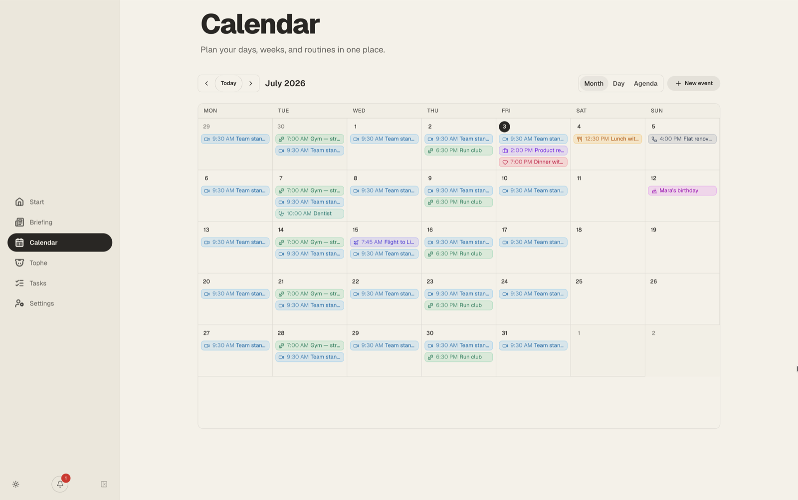 The calendar module showing a month of events and routines
