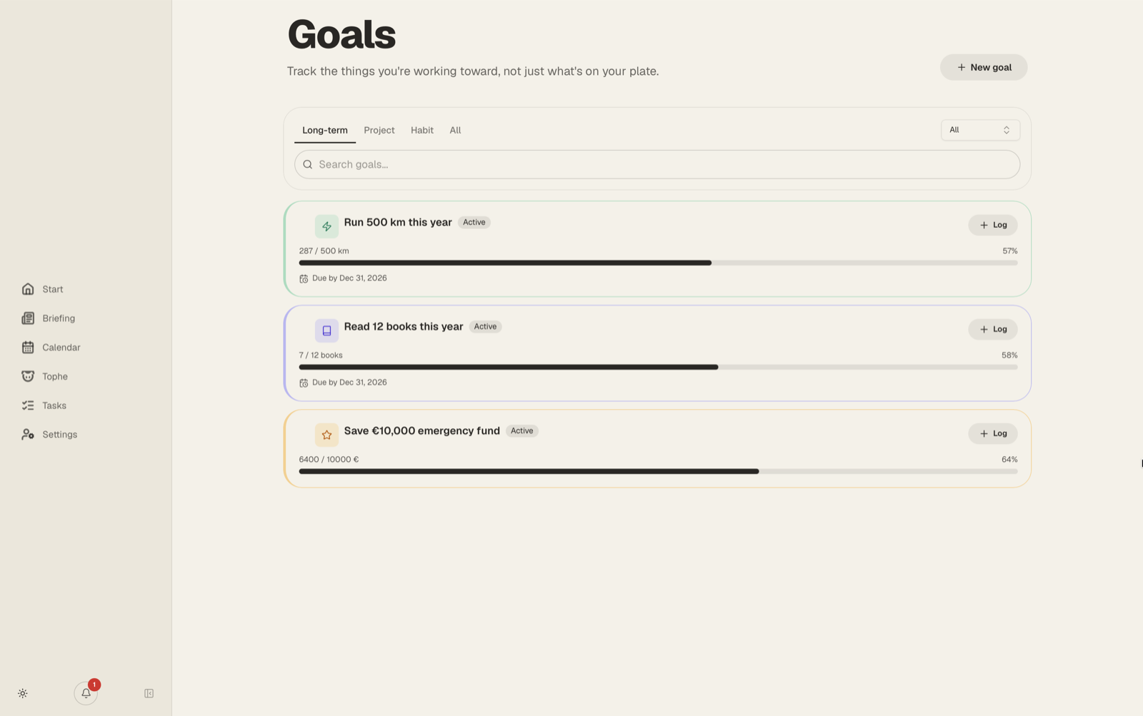 The goals module tracking running, reading and savings goals