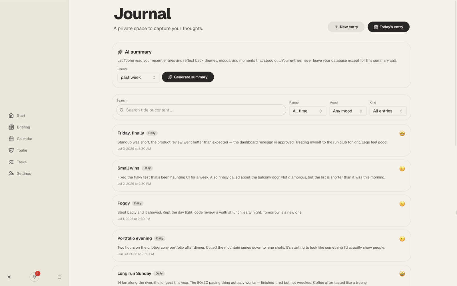 The journal module with daily entries, moods and an AI summary