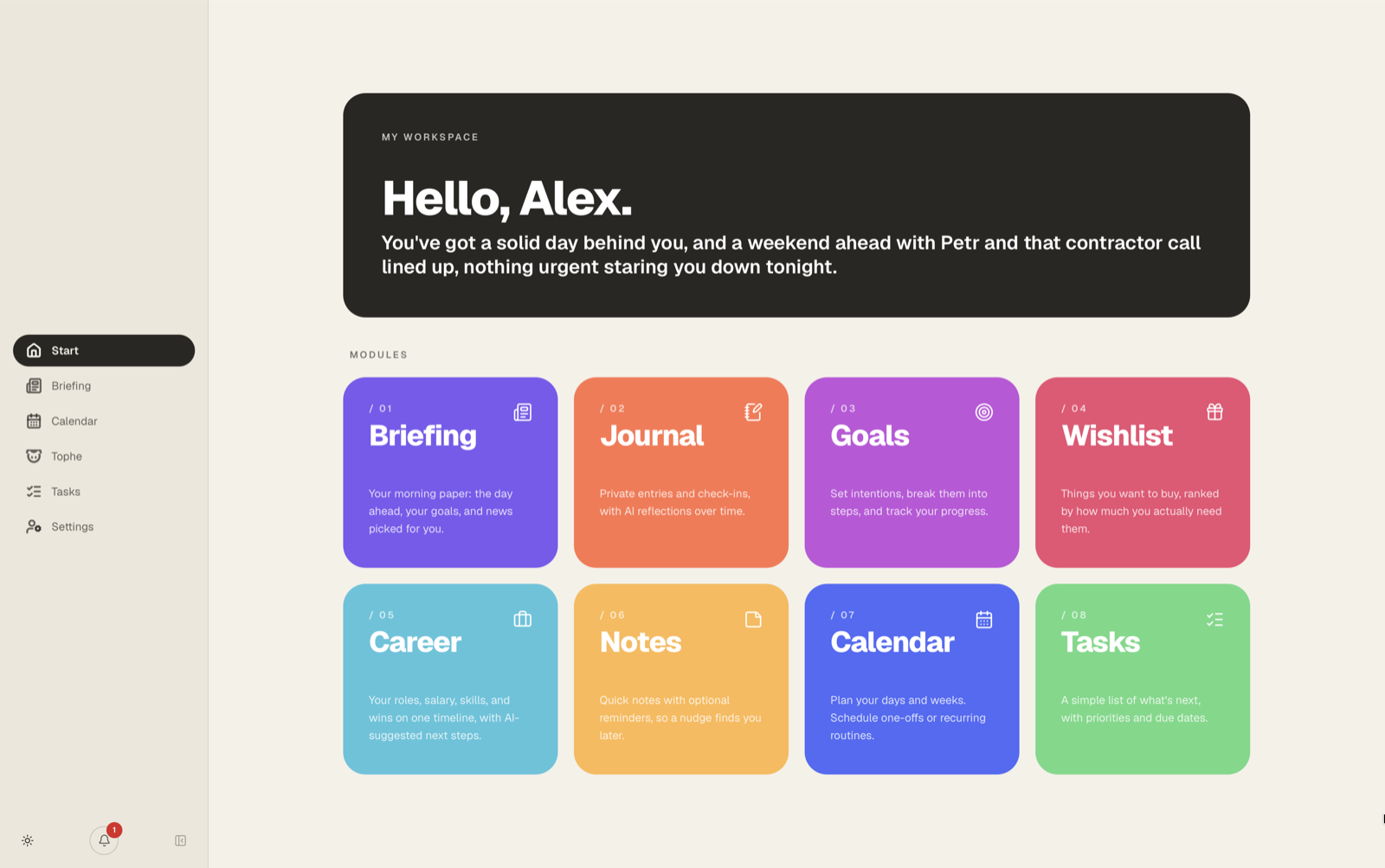 The tophe start page: a personal greeting and eight modules, from briefing and journal to calendar and tasks