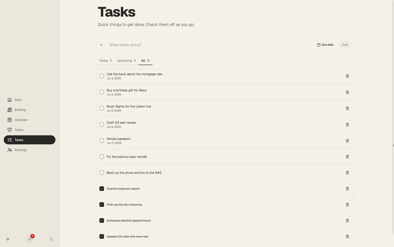 The tasks module with due dates and checked-off items